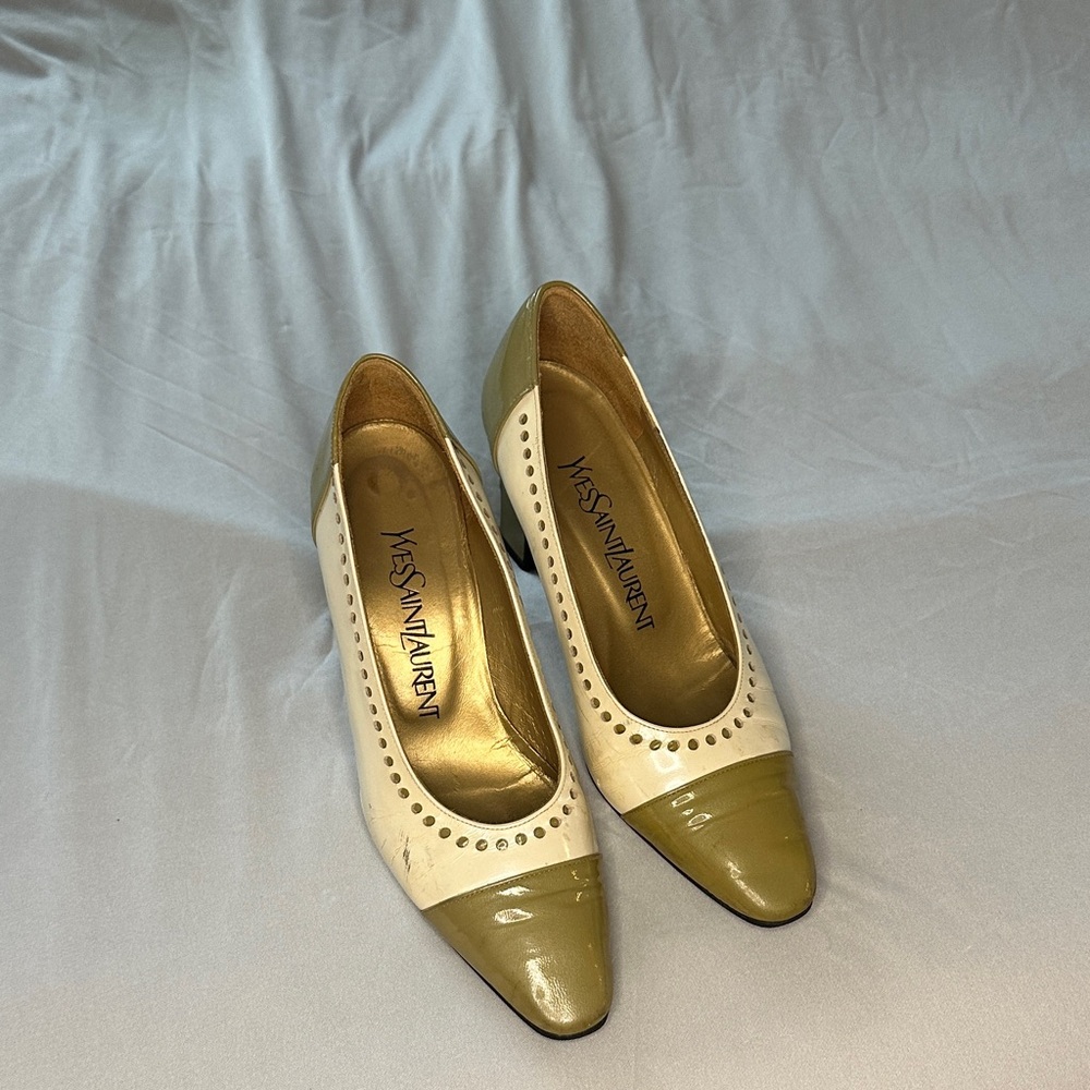 Vintage Yves Saint Laurent Two-Tone Perforated Pumps | Olive & Cream Leather